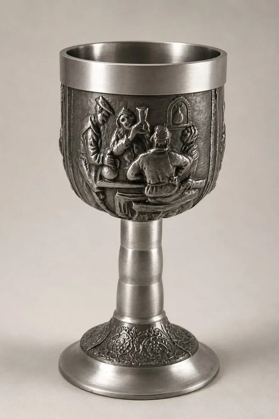 Vintage German Pewter Tavern Goblet 5” Figural Relief Scenes Touchmark